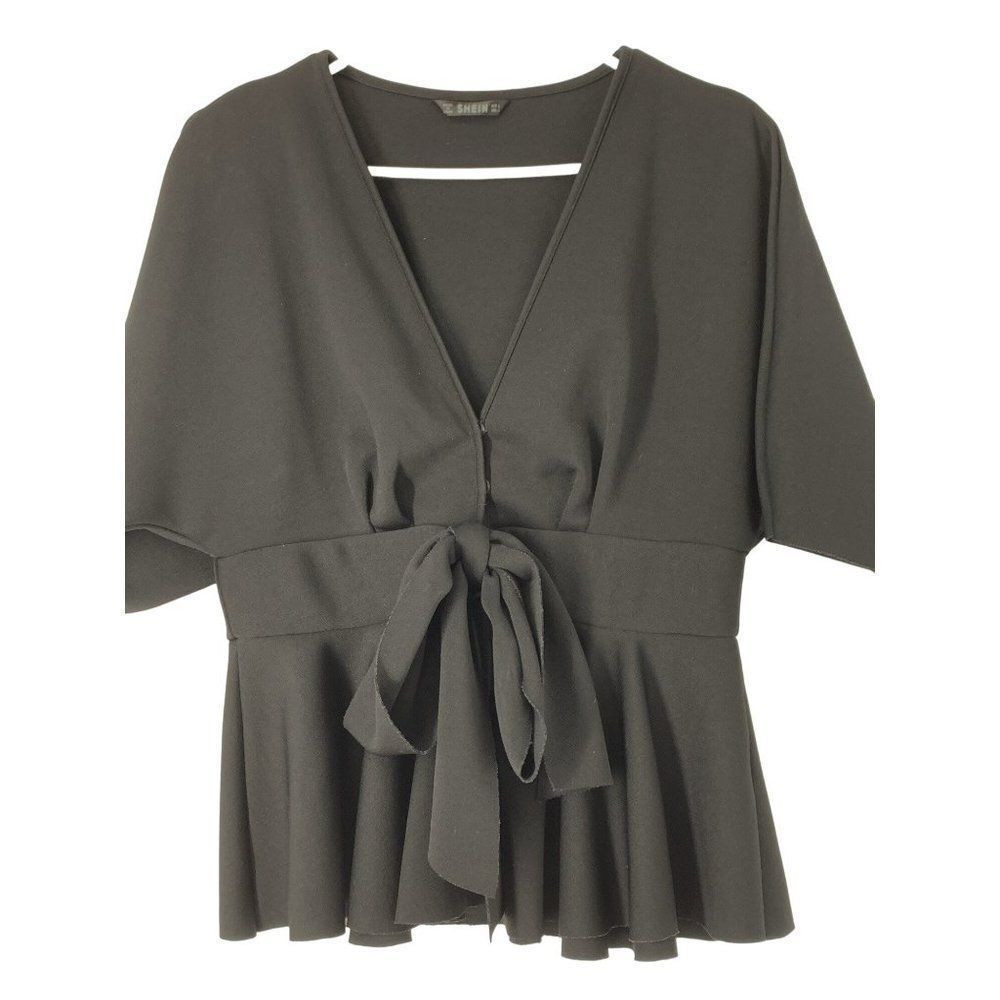 Womens Shein Size L Jet Black Scuba Top Peplum Tie Belt V-neck Dolman 5171